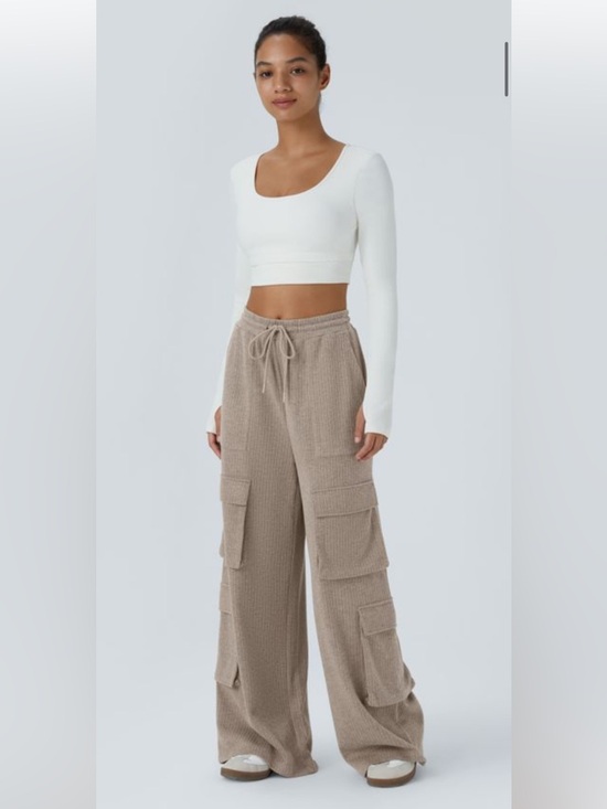 HALARA Pants - Halara Ribbed Wide Leg Cargo joggers Casual chill Pant Mocha Meringue size L